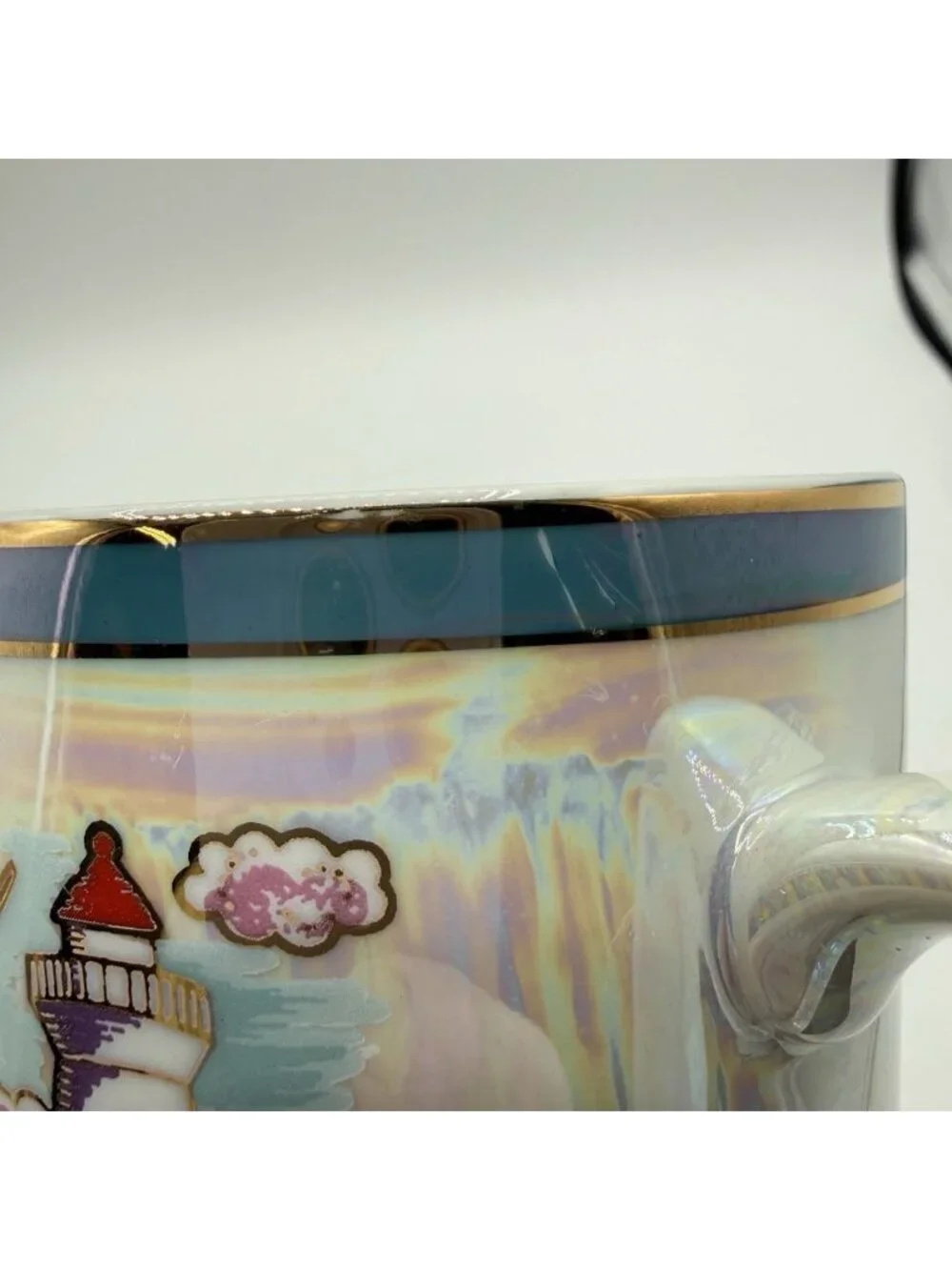 Bar Harbor Maine Souvenir Mug Pair Iridescent &Gold Trim Coffee Coastal Scene